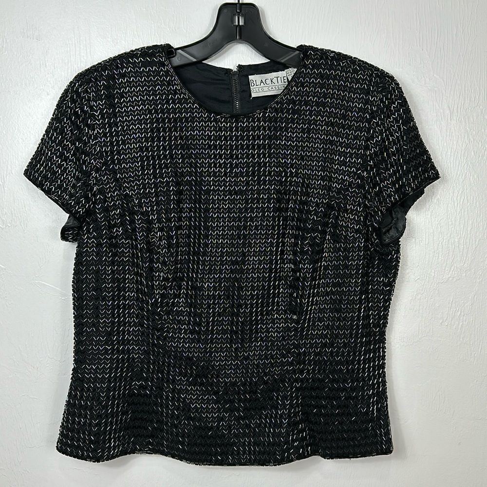 Black Tie Oleg Cassini Vintage Silk Black Beaded Evening Top Blouse Size 12
